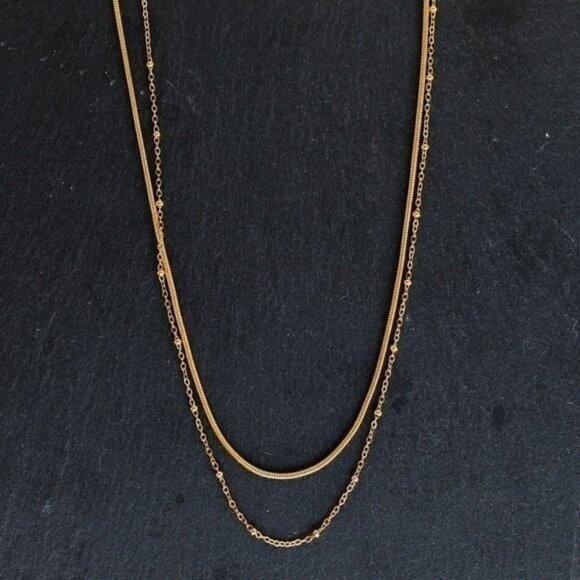 DAINTY DOUBLE layered Necklace Gold Snake chain Waterproof Gold Beaded chain - Picture 5 of 13